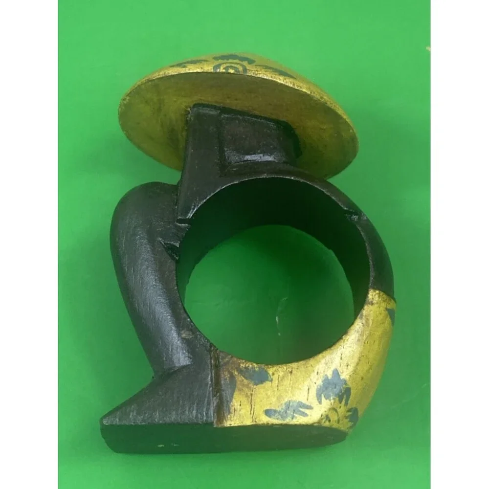 Pier 1 Napkin Ring Holders Wood Chinese Rice Hats Set 4
